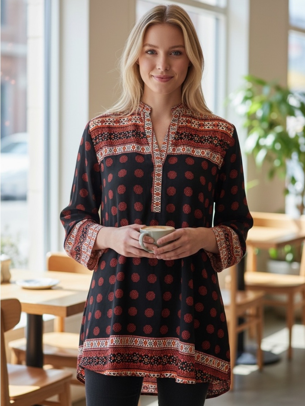 Gianni Bini Black Tunic with Rust Medallion & Multi-Print Trim Med